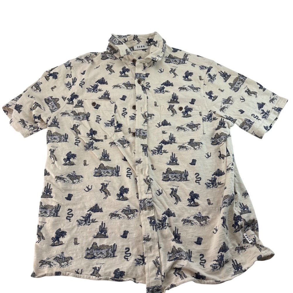 ROWM Mens Large Western Cowboy Print Short Sleeve Button Down Shirt Beige Cotton